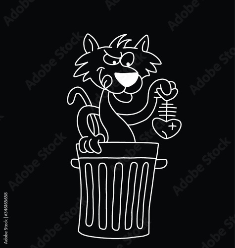 Monochrome outline cartoon cat scavenging for his dinner in a trashcan isolated on black background