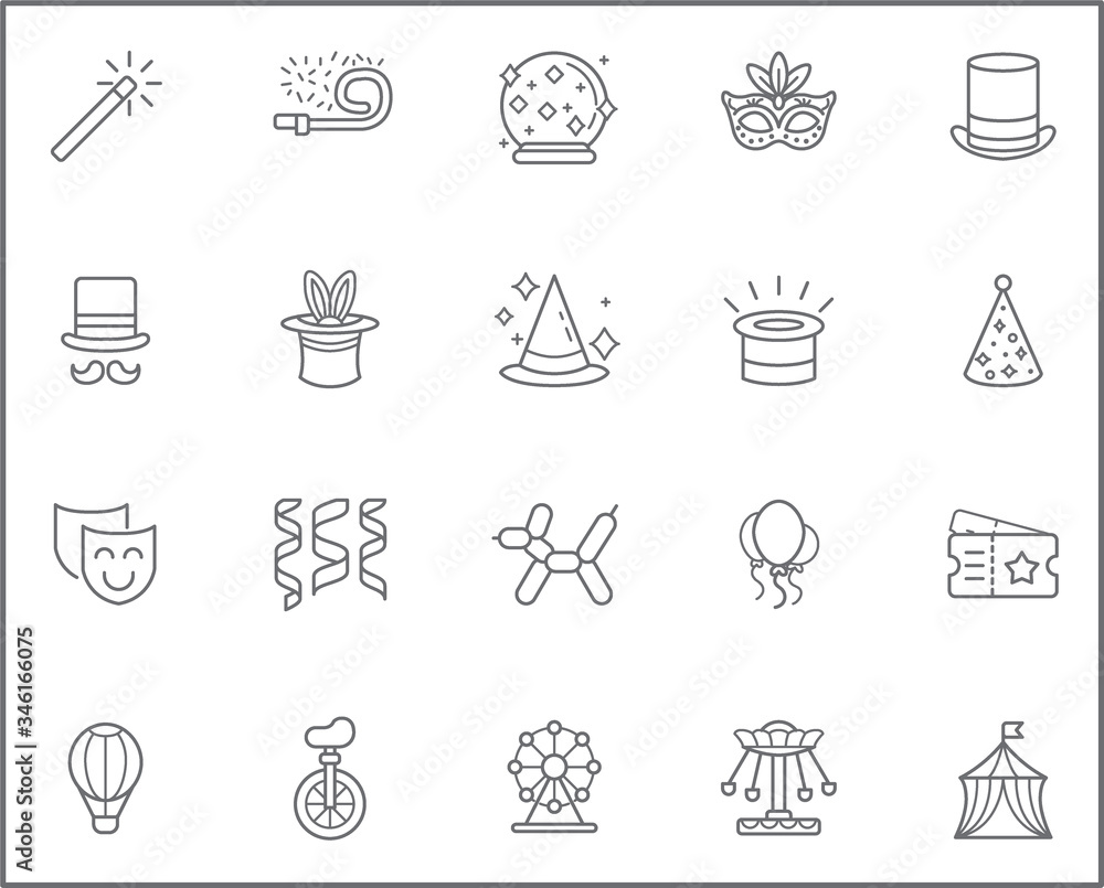 Set of carnival and amusement park Icons line style. It contains such Icons as circus, magic, party, festival, decoration, fair, rides and other elements.