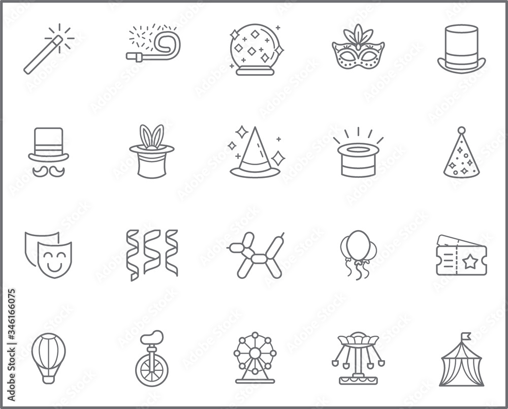 Set of carnival and amusement park Icons line style. It contains such Icons as circus, magic, party, festival, decoration, fair, rides and other elements. Set of carnival and amusement park Icons line style. It contains such Icons as circus, magic, party, festival, decoration, fair, rides and other elements.
