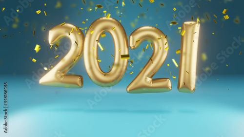 Happy New year 2021. Golden foil balloons numbers 2020 and confetti, 3d illustration