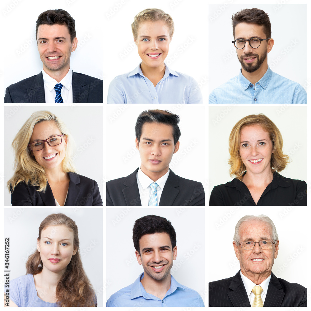 Different men and women smiling at camera being self-confident. Isolated over white background. Diversity and business team concept. Collage of happy people faces. Different men and women smiling at camera being self-confident. Isolated over white background. Diversity and business team concept. Collage of happy people faces.