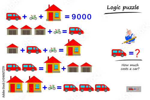 Mathematical logic puzzle game for children and adults. Solve examples. How much costs a car? Printable page for brain teaser book. Developing kids counting skills. Math exercises on addition.