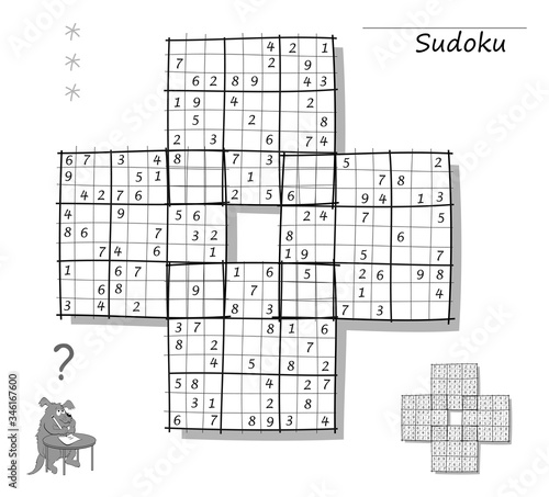 Logic Sudoku game for children and adults. Big size puzzle with 4 squares, difficult level. Printable page for kids brain teaser book. Developing counting skills. IQ test. Black and white vector.