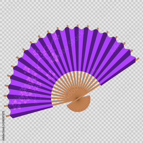 Purple Chinese fan with a pattern on a transparent background. Isolated vector illustration. EPS 10