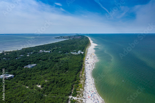 Aerial view of Hel Peninsula in Poland, Baltic Sea and Puck Bay (Zatoka Pucka) Photo made by drone from above.