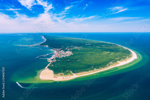 Aerial view of Hel Peninsula in Poland, Baltic Sea and Puck Bay (Zatoka Pucka) Photo made by drone from above. photo
