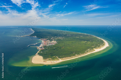 Aerial view of Hel Peninsula in Poland, Baltic Sea and Puck Bay (Zatoka Pucka) Photo made by drone from above.
