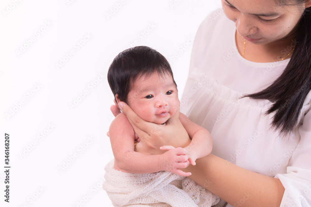 Beautiful young Asian mother hold tiny adorable newborn baby girl 0-1 month with her hand to help baby belch or Making burp after feeding with caring and love, lifestyle health care newborn at home Beautiful young Asian mother hold tiny adorable newborn baby girl 0-1 month with her hand to help baby belch or Making burp after feeding with caring and love, lifestyle health care newborn at home