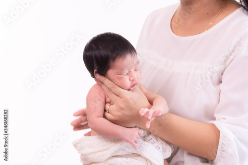 Billede på lærred Beautiful young Asian mother hold tiny adorable newborn baby girl 0-1 month with