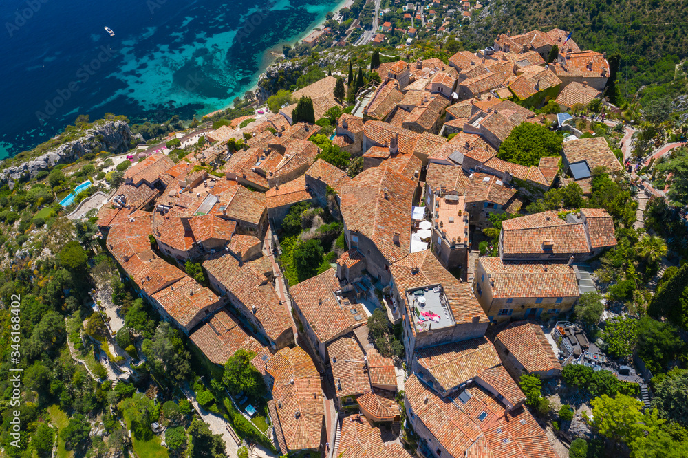 Aerial view of medieval village of Eze, on the Mediterranean coastline landscape and mountains, French Riviera coast, Cote d'Azur. France.