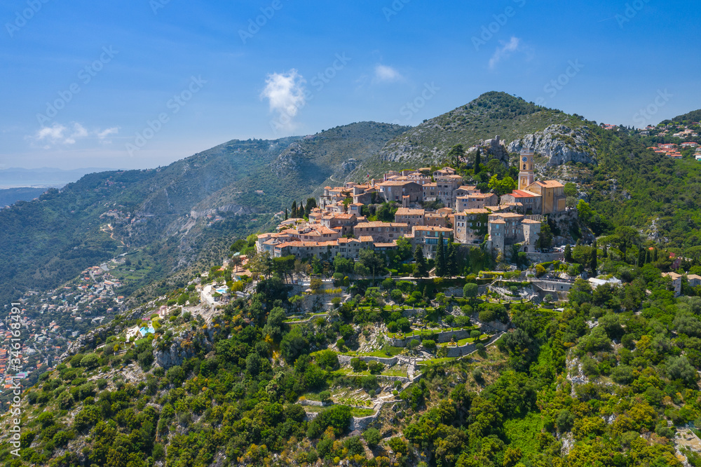 Fototapeta premium Aerial view of medieval village of Eze, on the Mediterranean coastline landscape and mountains, French Riviera coast, Cote d'Azur. France.