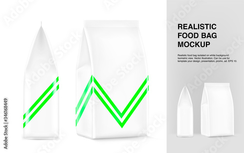 Realistic food bags isolated on white background. Isometric and side view. Vector illustration. Can be use for template your design, presentation, promo, ad. EPS 10.	