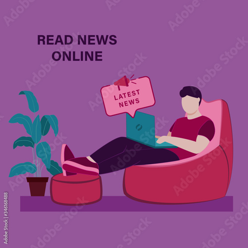 Online reading news. Man sit with laptop at home and read latest news. Vector illustration