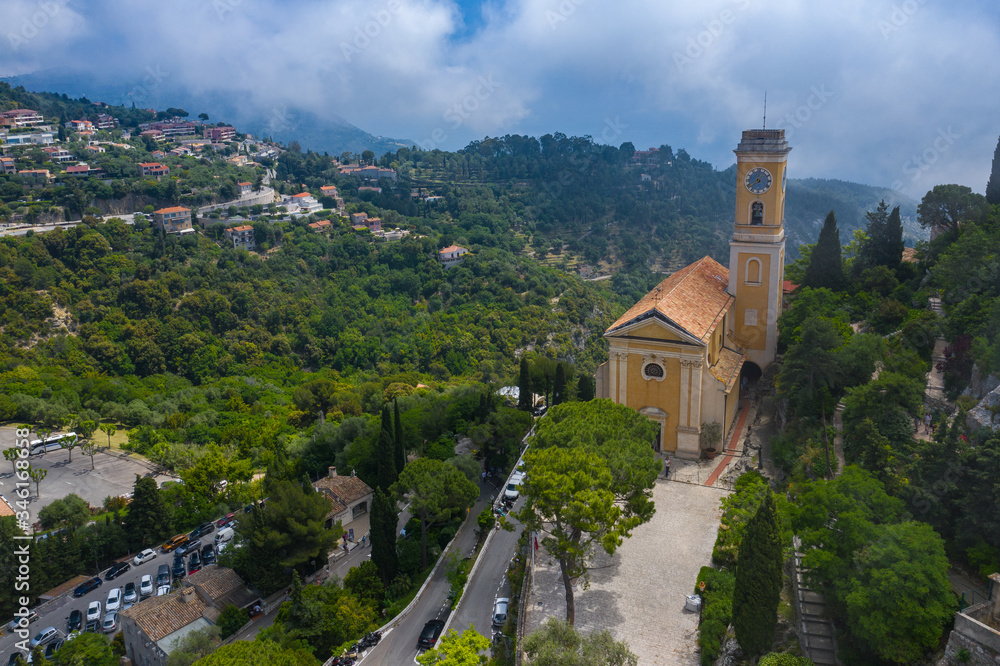 Obraz premium Aerial view of medieval village of Eze, on the Mediterranean coastline landscape and mountains, French Riviera coast, Cote d'Azur. France.