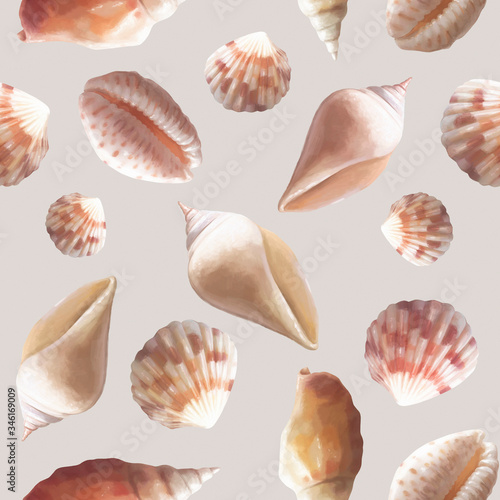 Beach seashell seamless pattern. Hand drawn summer delicate texture on pastel background
