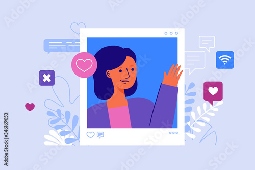 Vector illustration in flat simple style - influencer marketing concept - blogger using mobile phone and social media to  promote services and goods for followers online