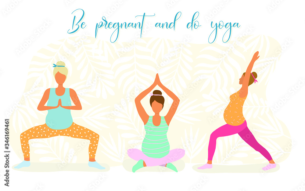 Yoga for pregnant women flat illustration isolated on a white background. Women with a belly do yoga in different poses. The concept of a healthy lifestyle and yoga classes. Be pregnant and do yoga.