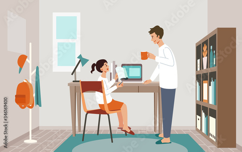 自宅学習の子供を見守る父親のイメージ