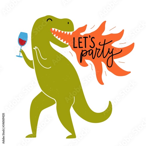 Vector illustration with green dinosaur holding wineglass and lettering phrase Let's Party.