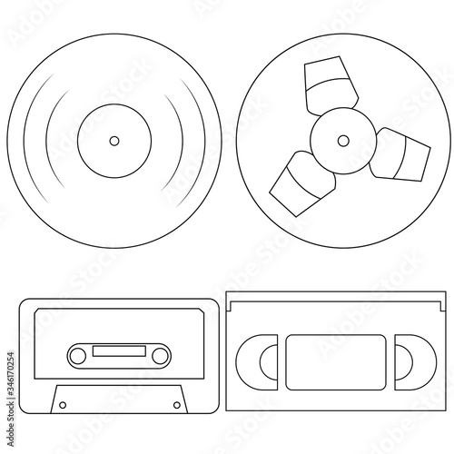 Vector illustration flat design. Retro set of audio and video storage media, black and white, doodle.