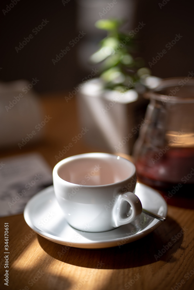 Fototapeta Black filter coffee on the table in cafe service kettle hario pour over cup