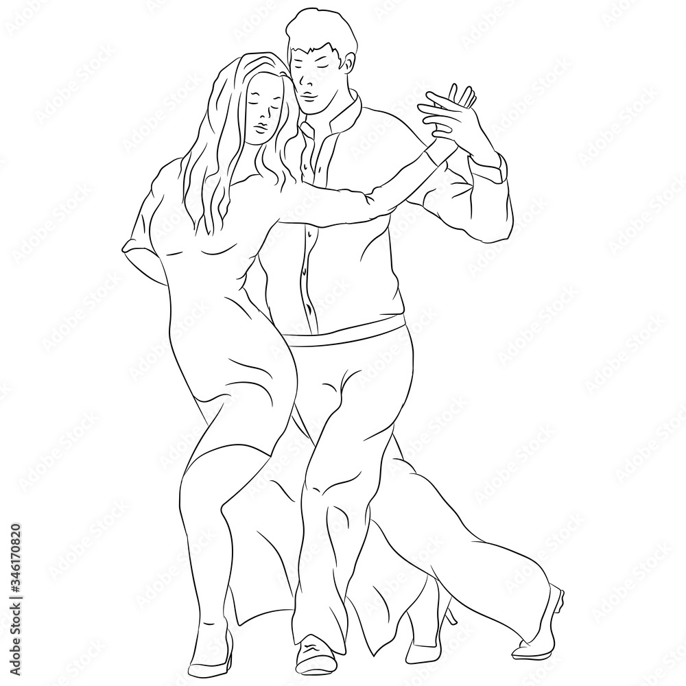 Vector illustration flat design. Dancers, guy and girl, black and white, doodle.