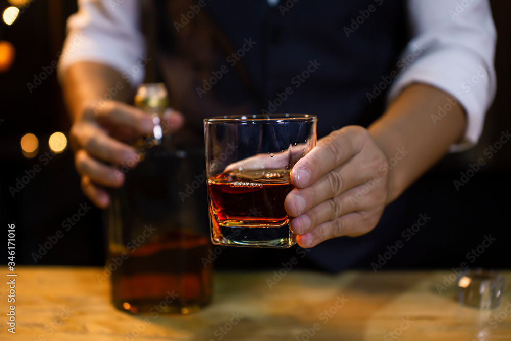 Bartender Serve Whiskey, on wood bar,