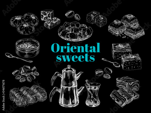 Oriental sweet desserts collection, retro hand drawn vector illustration.