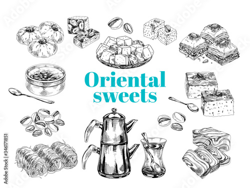 Oriental sweet desserts collection, retro hand drawn vector illustration.