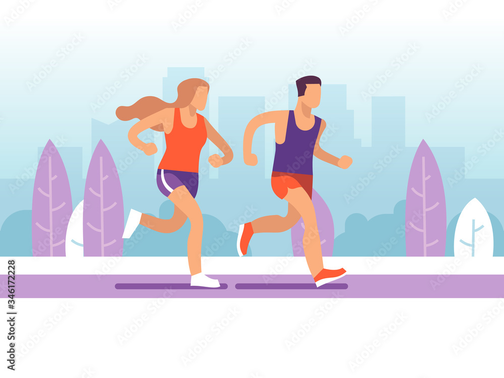 Running couple. Man and woman jogging in park, morning active training marathon, healthy lifestyle motivational cartoon vector concept