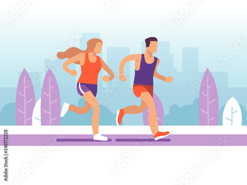 Running couple. Man and woman jogging in park, morning active training marathon, healthy lifestyle motivational cartoon vector concept