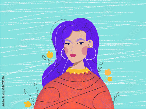 girl portrait. turquoise background. beauty female illustration