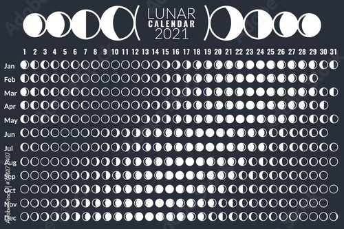 Moon calendar. Lunar phases calendar 2021 poster design, monthly cycle planner, astrology moon card, astronomy grid diary vector template