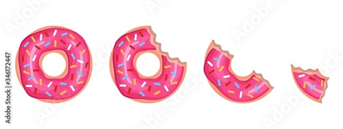 Eaten donut. Whole and half-eaten doughnuts with glaze, kids pastry for home breakfast. Round sweets for design bakery vector set