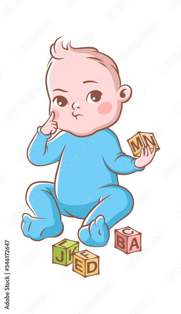 Baby boy playing with cubes. Funny cute toddler in blue costume and blocks, vector cartoon kid character Baby boy playing with cubes. Funny cute toddler in blue costume and blocks, vector cartoon kid character