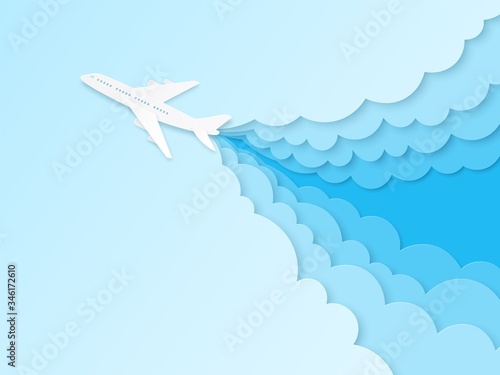 Airplane in blue sky. Flight plane in origami style, aviation tourism. Summer travelling paper cut vector transportation concept