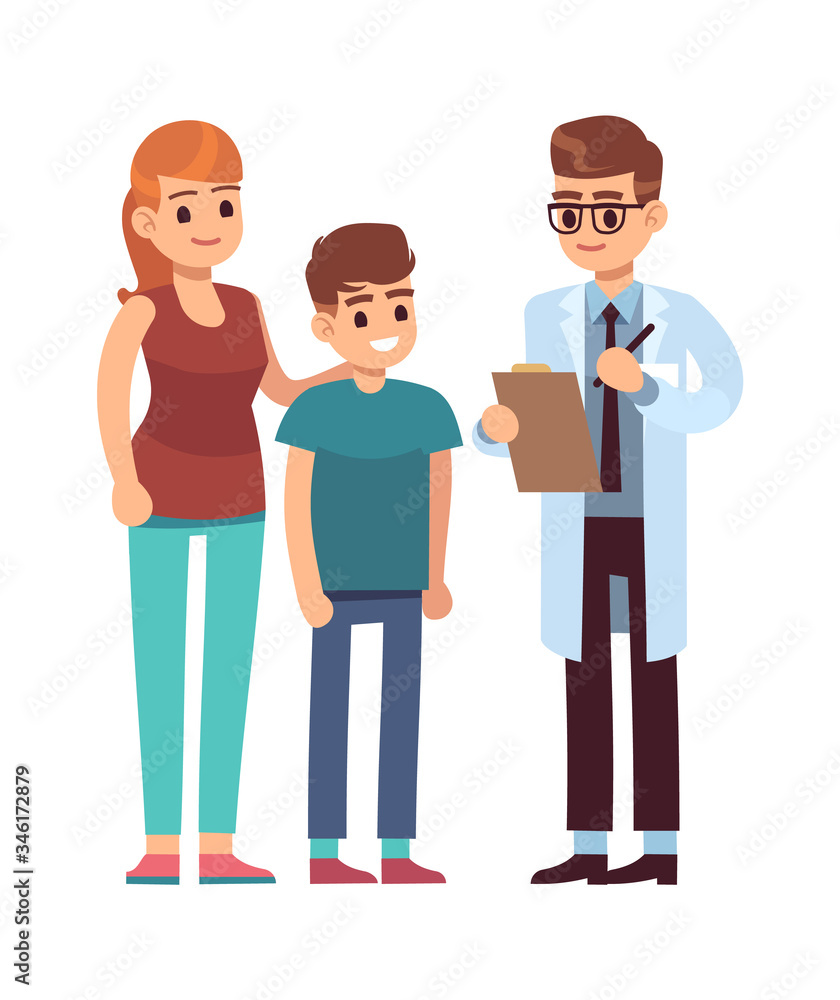 Doctor and family. Mom and son in medical clinic at pediatrician, children health care vector concept