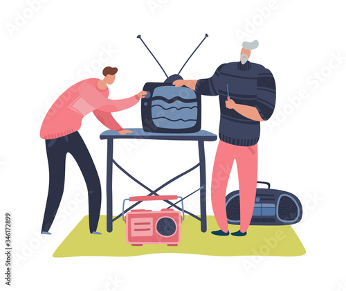 Flea market. Swap garage street bazaar and second hand with old vintage mechanism vector illustration