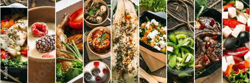 Various gourmet healthy dishes collage menu design