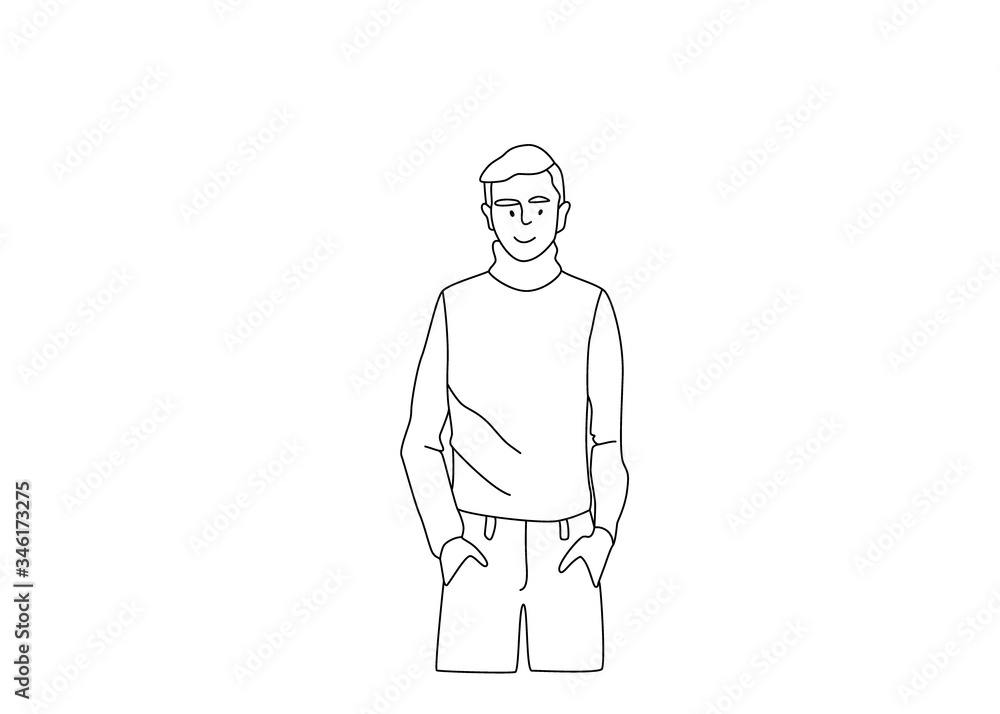 Handsome young man smiling. Line illustration on white background