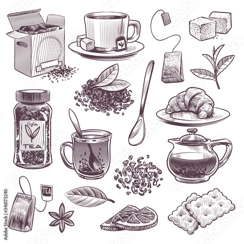 Sketch tea. Hand drawn tea leaves, mugs and kettle. Dried herbs, jam and lemon objects for tea time afternoon banner design vector set