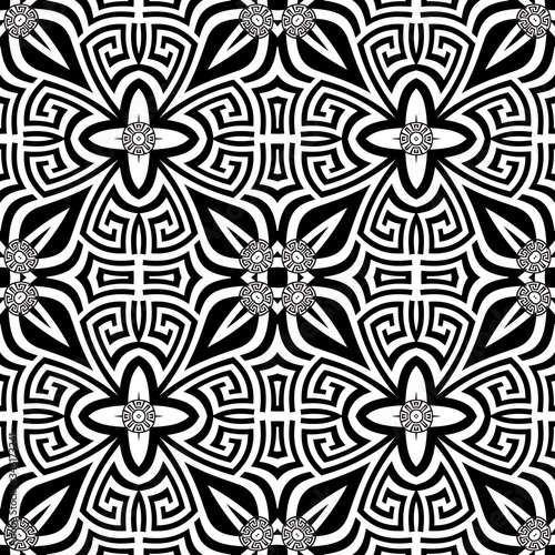 Black and white greek vector seamless pattern. Geometric ancient background. Repeat symmetry backdrop. Greek key meanders tribal ornament. Floral modern design with abstract flowers  shapes  circles