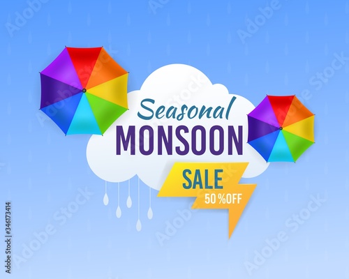 Monsoon sale. Season rainy and umbrella promotional design template for banner and label, web header and shop advertise vector poster