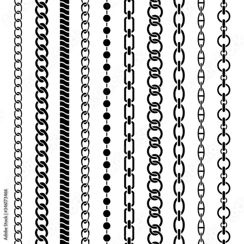 Chain borders. Seamless black chains of different shapes, metal links. Braided ropes, jewelry elements luxury repeating pattern vector set