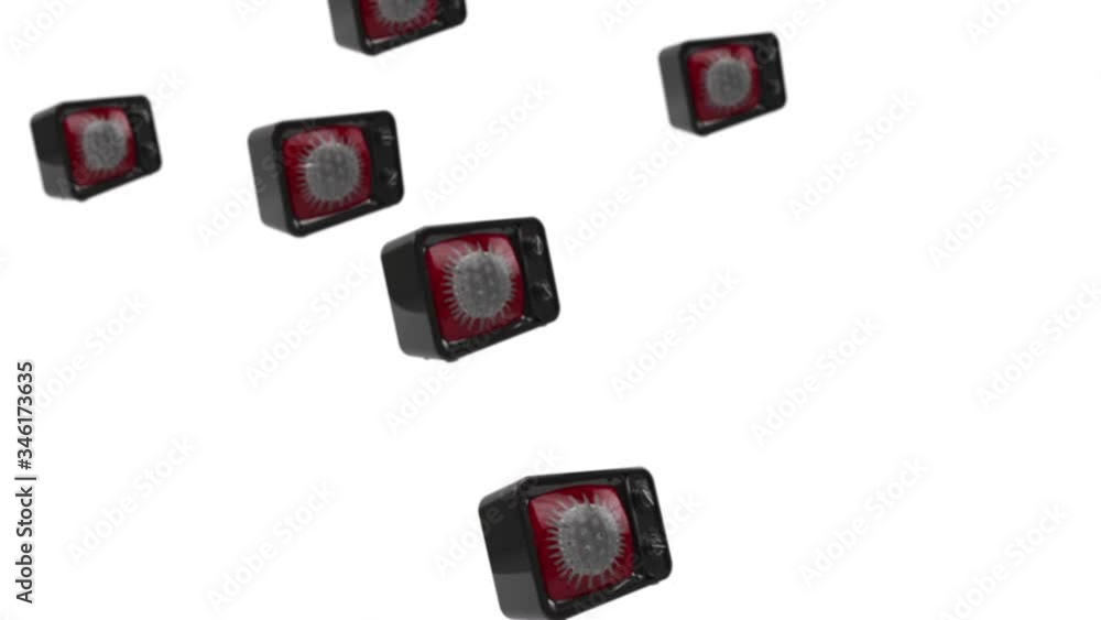 3d animation: looped background with lots of flying and rotating TV boxes with virus cell on the screen on white background. The concept of escalating the situation by media. Fear and panic.
3d animation: looped background with lots of flying and rotating TV boxes with virus cell on the screen on white background. The concept of escalating the situation by media. Fear and panic.
