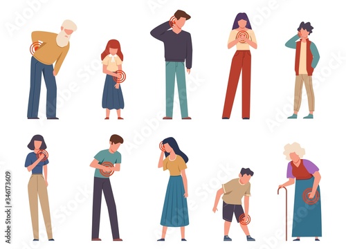 People with pain. Men and women suffering pain different body parts, headache and sore shoulder, throat and injury knee vector characters