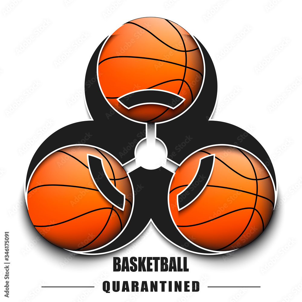 Biological hazard with basketball ball. Coronavirus sign. Stop covid-19 outbreak. Caution risk disease 2019-nCoV. Cancellation of sports tournaments. Basketball quarantined. Vector illustration