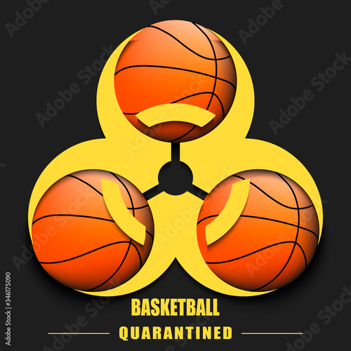 Biological hazard with basketball ball. Coronavirus sign. Stop covid-19 outbreak. Caution risk disease 2019-nCoV. Cancellation of sports tournaments. Basketball quarantined. Vector illustration