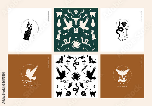 Vector illustration set of mystical icons and logos. Seamless pattern with bohemian elements- evil eye, snake, moon, bird ornament and different hand gestures.