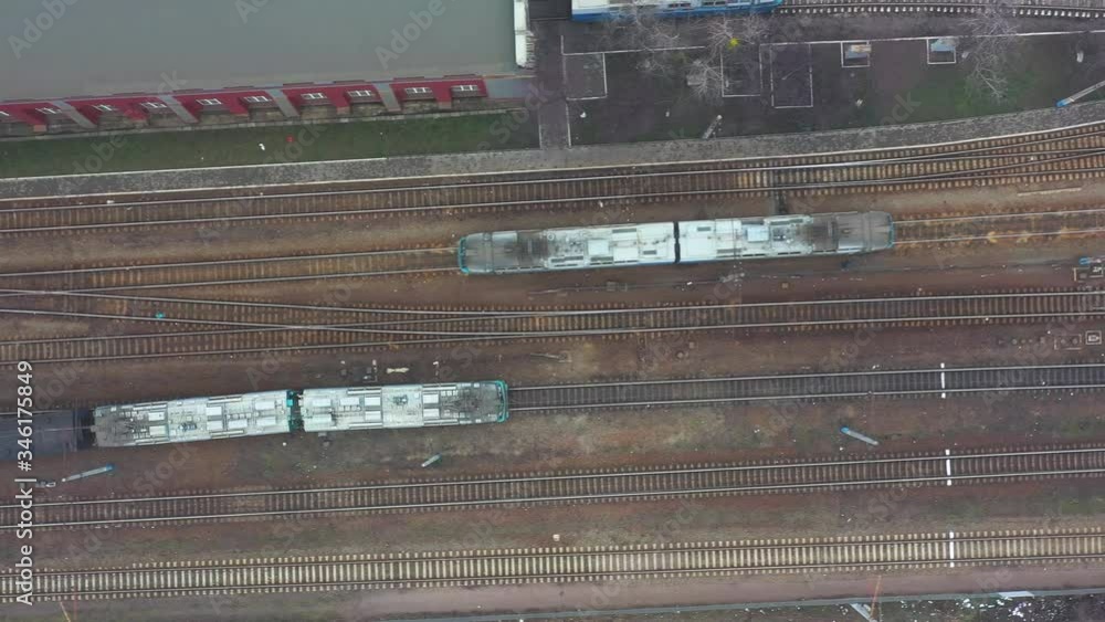 Trains and carriages on shunting tracks, aerial view. Trains and carriages on shunting tracks, aerial view.
